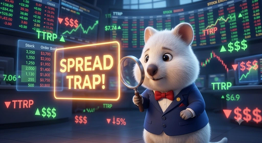 QNDX, IQQ 등 신생 초저보수 ETF 투자 시, 눈에 보이는 수수료는 낮지만 거래량 부족으로 인해 비싸게 사고 싸게 팔게 되는 '호가창 스프레드' 손실 위험성을 경고하는 이미지.