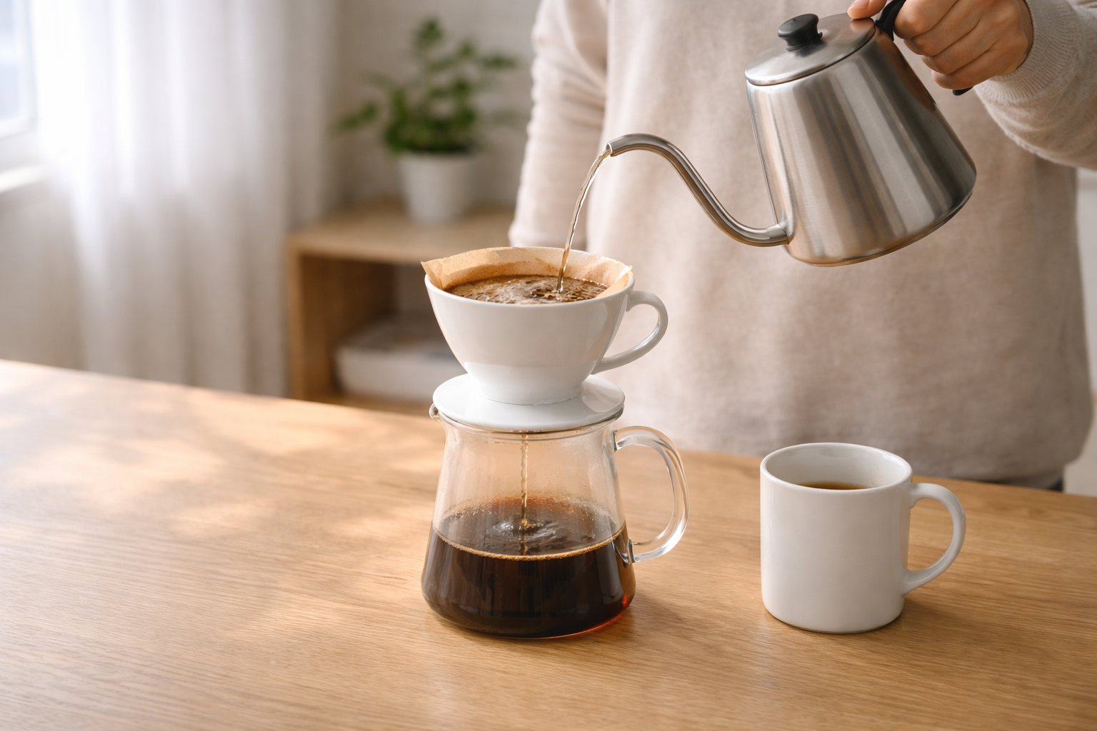 커피 추출 시간에 따라 달라지는 맛을 떠올리게 하는 핸드드립 이미지