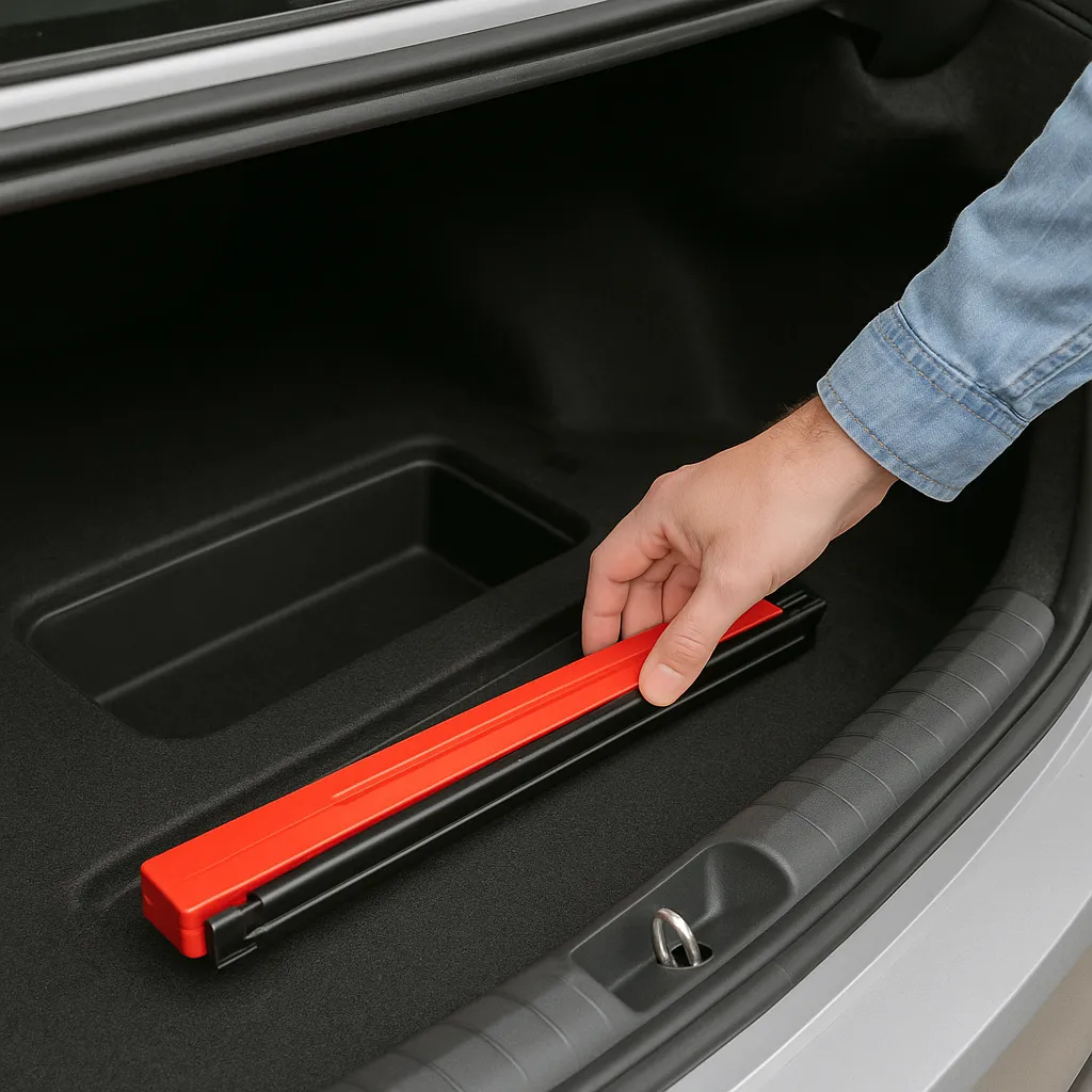 차량 트렁크에서 삼각대를 꺼내며 수납공간을 확인하는 손