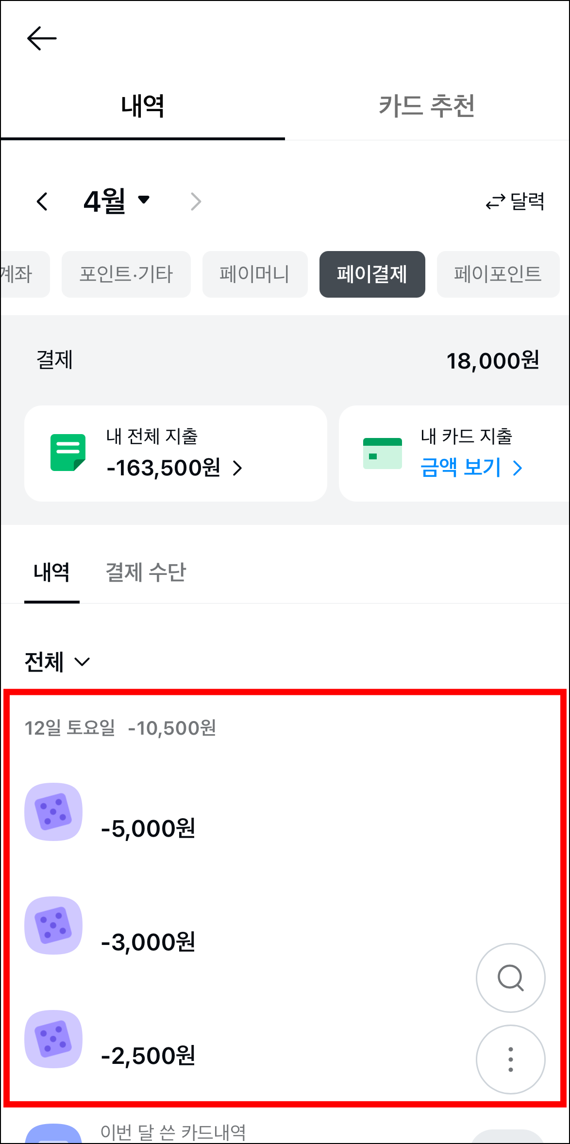 페이결제 내역을 확인