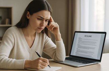 책상에 앉아 있는 대학생 또는 취준생
노트북 화면에는 이력서나 자기소개서 문서