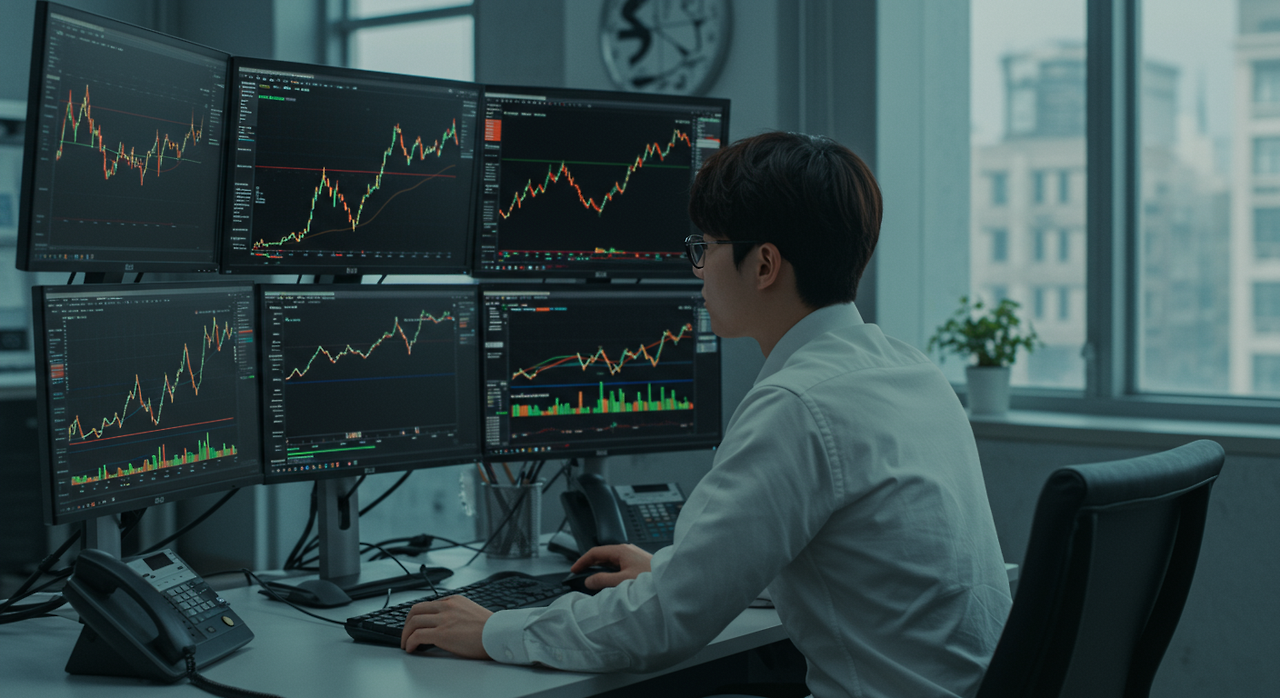 현대 사무실에서 여러 컴퓨터 화면으로 암호화폐 가격 차트를 보는 금융 분석가