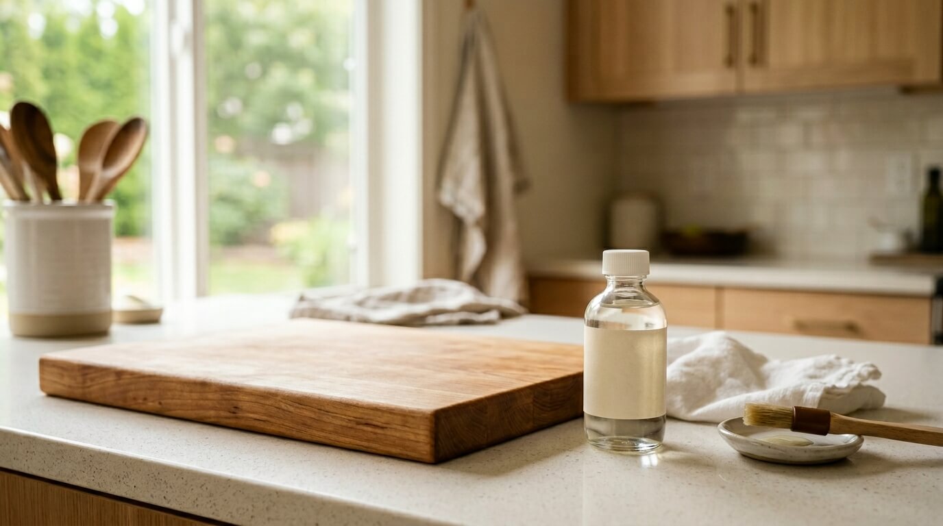 나무 도마 관리를 위한 식품용 미네랄 오일과 원목 도마가 놓인 주방 조리대
