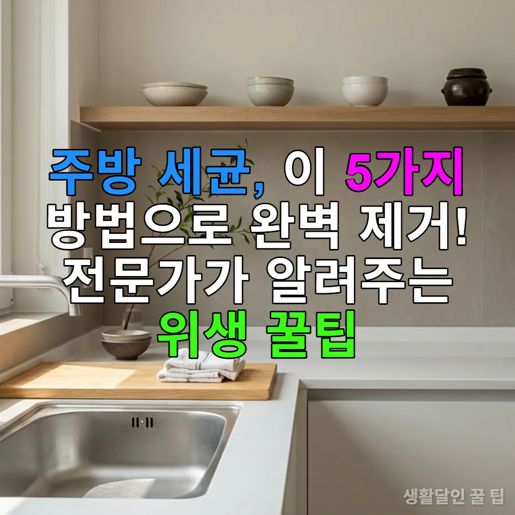 깨끗하게 정돈된 현대 한국 주방의 모습. 반짝이는 싱크대와 가지런한 도마, 깔끔한 행주들이 보인다.