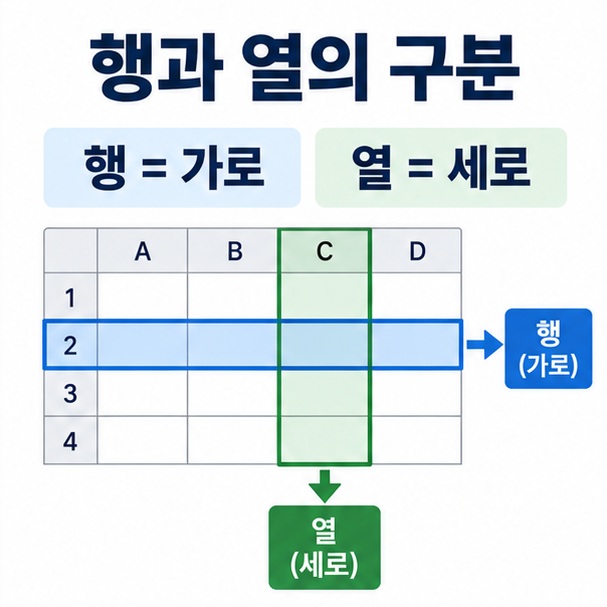 행과 열의 구분 문구와 가로 방향 행 세로 방향 열을 화살표로 보여주는 대표 인포그래픽