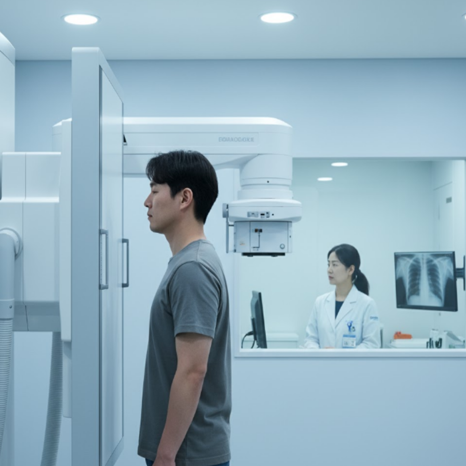 X-ray 사진을 찍는 남성과 촬영 담당자