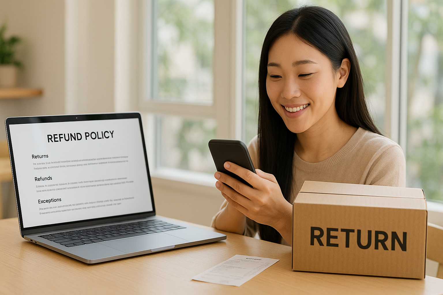 온라인 구매품 환불절차를 진행하며 미소를 짓는 소비자