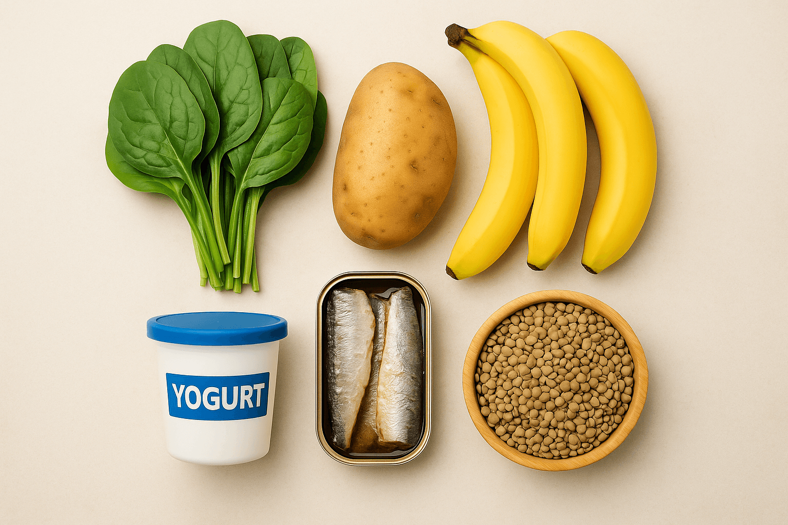 시금치, 감자, 바나나, 요거트, 통조림 생선, 렌틸콩으로 구성된 고혈압 식단용 가성비 식재료 이미지