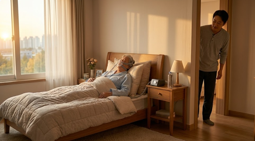 수면무호흡증 CPAP 치료 시니어 남성 가족 돌봄