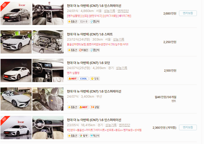 현대 아반떼 중고차 가격 시세표 24년10월