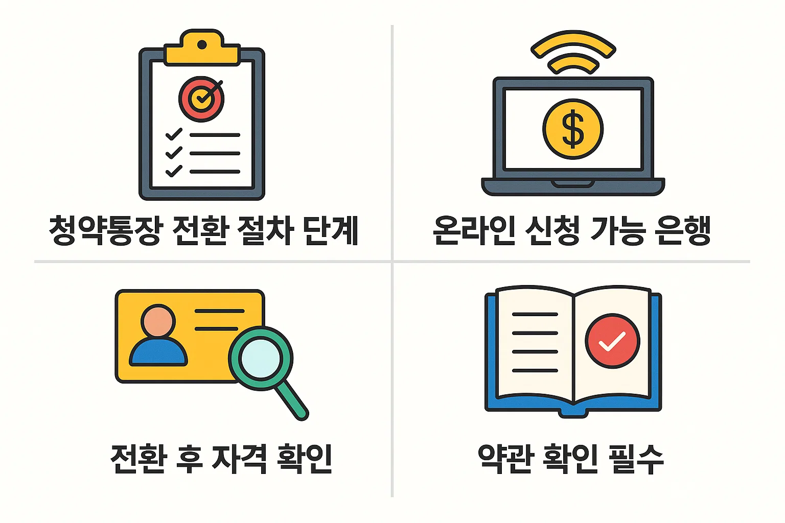 온라인 신청 가능 은행, 전환 후 자격 확인, 약관 확인 등 청약통장 전환 절차를 단계별로 설명한 인포그래픽.