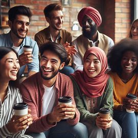 백인, 동양인, 흑인 등 사람들이 보여서 커피를 마시고 있다. 서로 즐겁게 대화하고 있다.