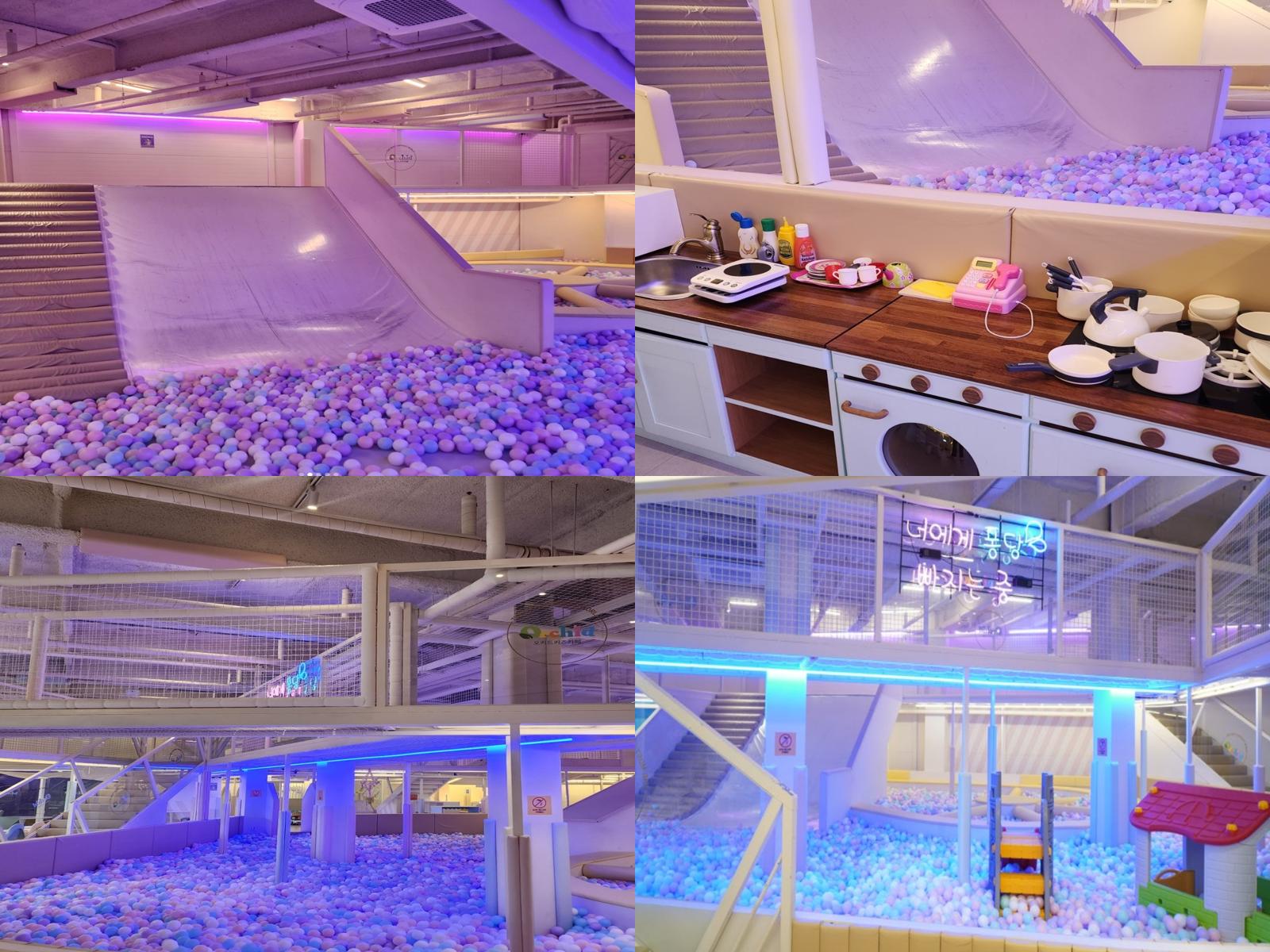 김포 수산공원 오키드 키즈카페의 볼풀장, 미끄럼틀, 주방놀이 공간 등 다양한 시설이 담긴 이미지 콜라쥬