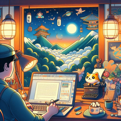 창문 너머 한국의 전통적인 밤 풍경과 작업 중인 인물.