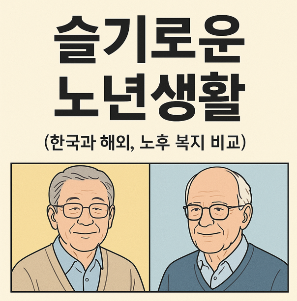 왼쪽에는 따뜻한 노란색 배경에 동양인 노인이, 오른쪽에는 부드러운 파란색 배경에 서양인 노인이 미소를 띠고 있는 모습