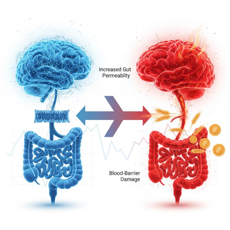 뇌와 장이 연결된 장-뇌 축을 3D 일러스트로 표현하고, 글루텐(밀 이미지)이 장벽을 뚫고 들어가 뇌에 염증(빨간색)을 일으키는 과정을 시각화. 왼쪽에는 건강한 뇌(푸른색, 깨끗한 연결망)를, 오른쪽에는 글루텐의 공격을 받는 뇌(붉은 염증, 손상된 연결망)를 대조하여 배치. 중앙에는 장 투과성 증가와 혈뇌장벽 손상을 화살표로 표시한 의학적 인포그래픽