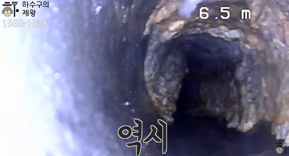 수원시 권선구 권선동 식당 하수구 내시경에서 확인된 6.6m 지점의 두꺼운 기름 슬러지
