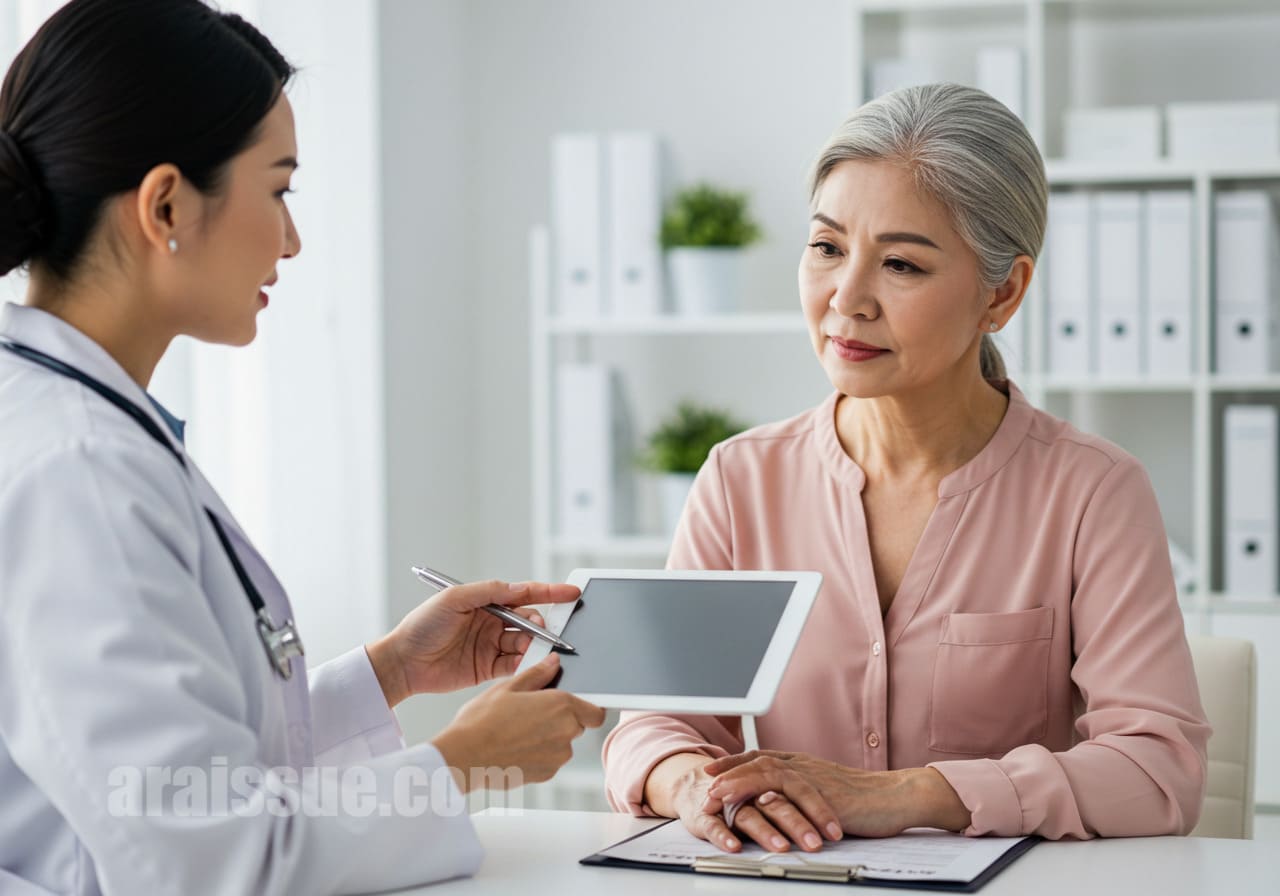 여성질환 보험에 가입할 때 필요한 주요 사항을 설명하는 외국인 의사와 환자. 디지털 기기를 통해 보장 내용을 안내하는 모습. 현대적인 진료실 환경에서 상담 중.