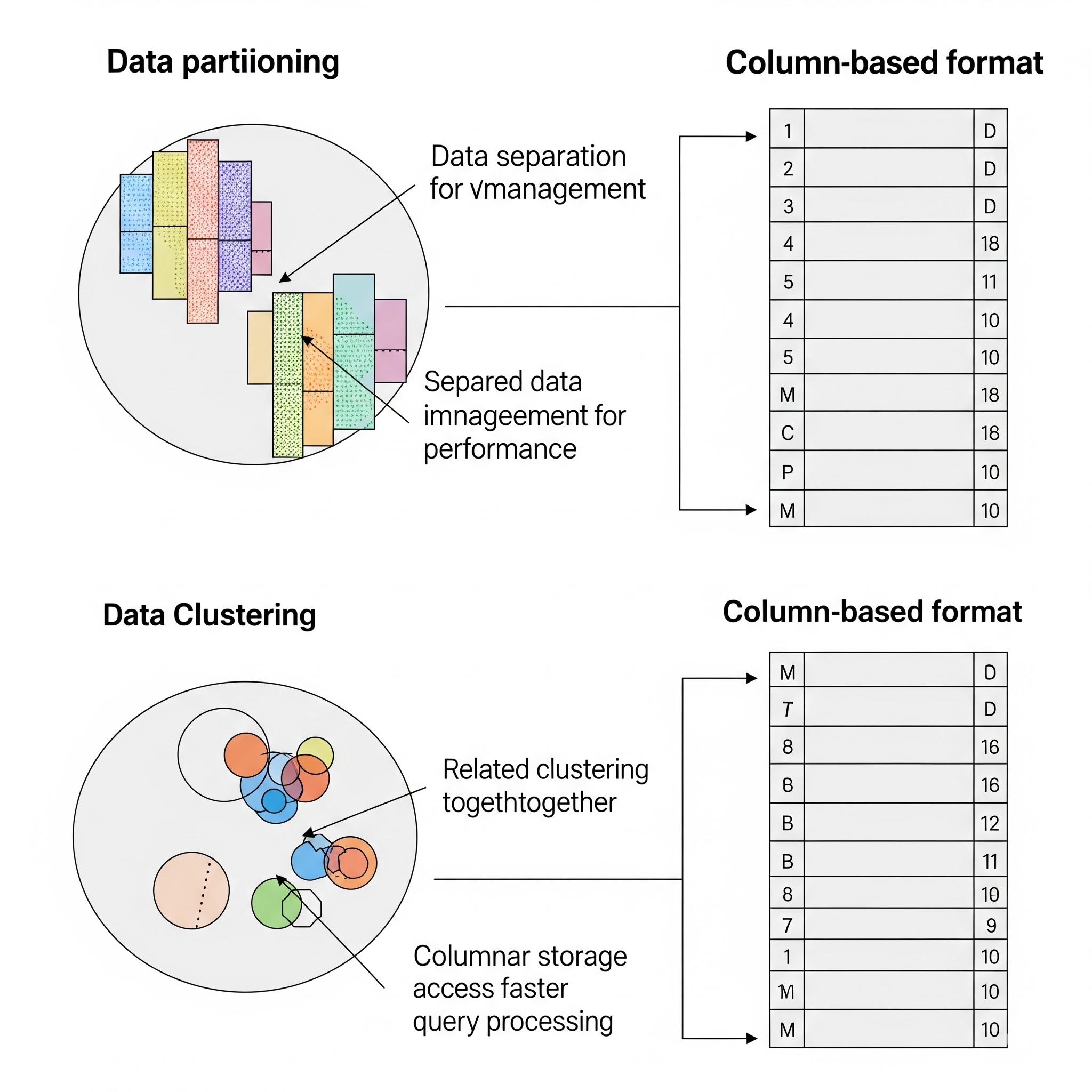 데이터 엔지니어링에서 디스크 접근 시간을 최적화하기 위한 파티셔닝, 클러스터링, 컬럼 기반 파일 포맷 개념을 나타내는 아이콘 및 흐름도