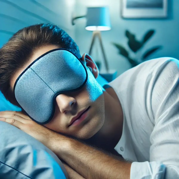 쿨링 안대를 착용하고 평화롭게 잠든 사람, 시원한 파란빛이 감도는 침실