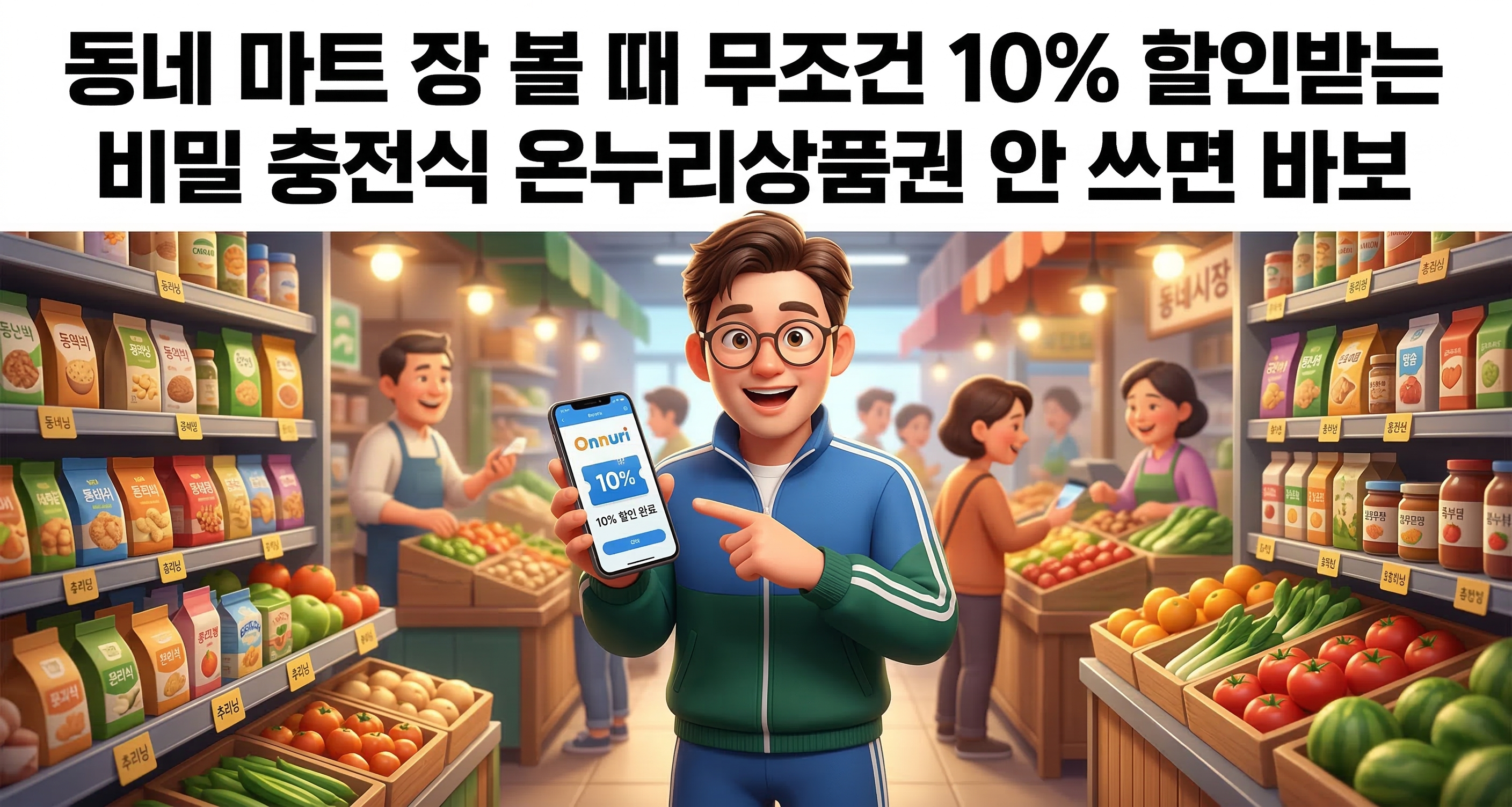 온누리 상품권 앱 다운 받는 모습 연출 캐릭터 이미지