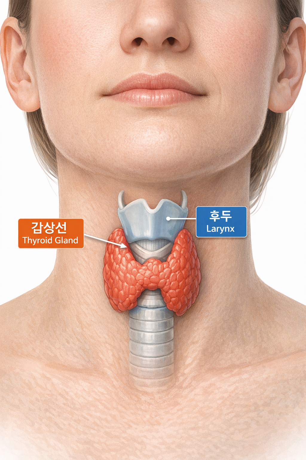 목 앞부분에 위치한 나비모양의 갑상선 구조 일러스트