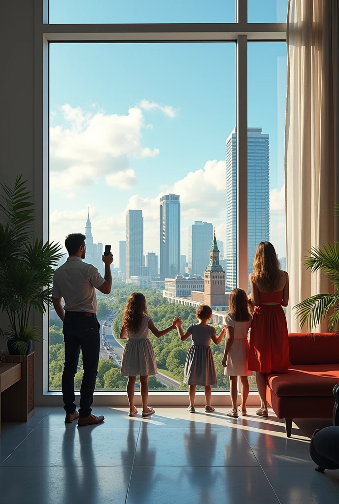 무통장 청약 당첨 후 창문 밖을 보는 가족 이미지