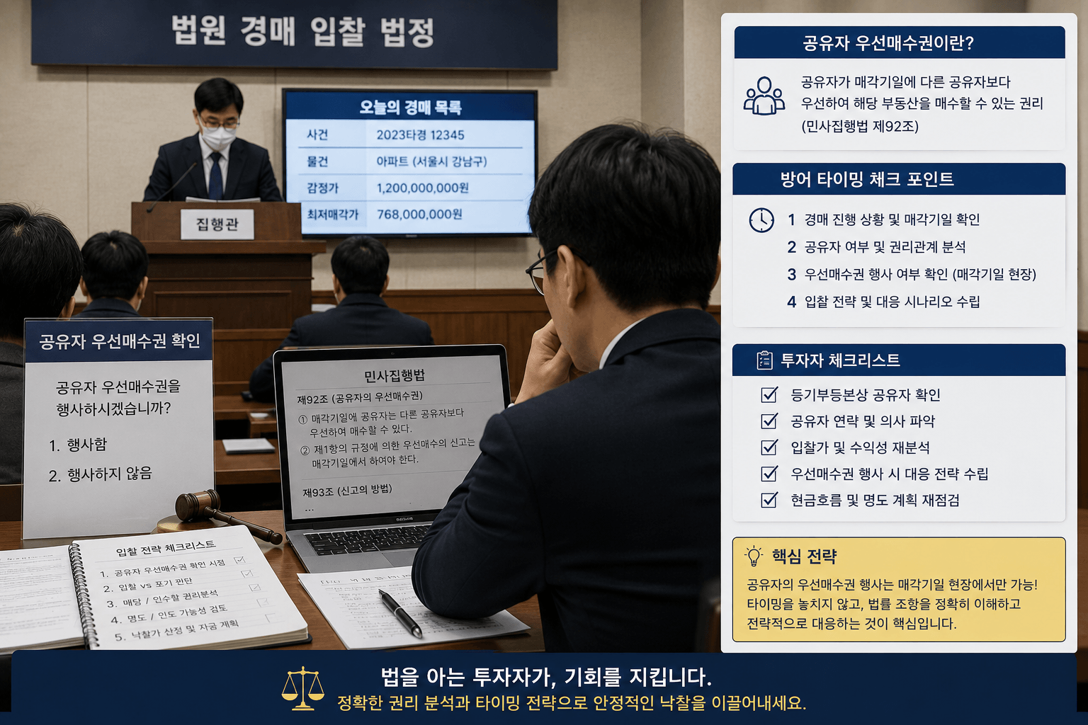 법원 경매 법정 입찰대 앞에서 집행관이 공유자 우선매수권 행사 여부를 확인하는 엄숙한 분위기 속에서 민사집행법 법률 조항을 확인하며 방어 타이밍을 체크하는 투자자모습