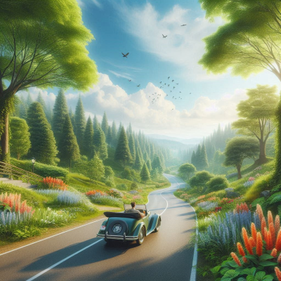 꿈속에서 자동차와 함께 미래적인 풍경을 탐험하는 모습입니다.