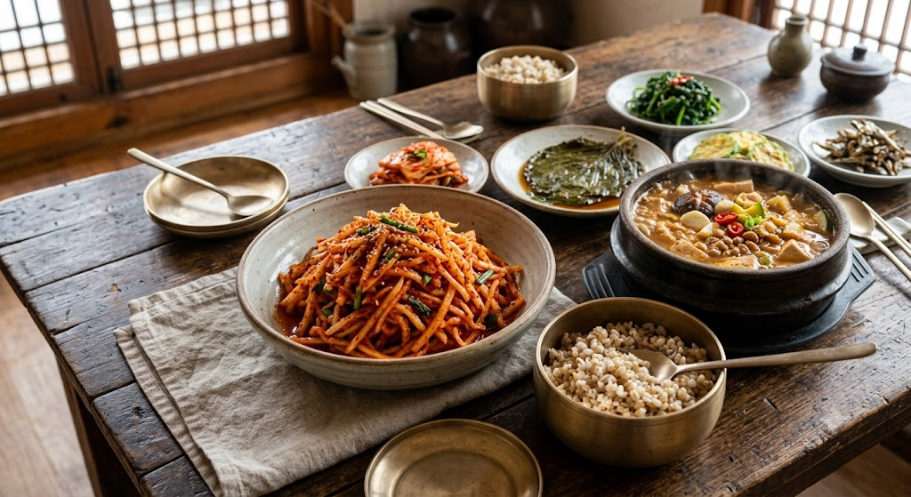 겨울 제주 월동무로 만든 아삭하고 매콤한 무생채가 정갈한 도자기 그릇에 담겨 있다. 그 옆에는 구수한 청국장과 보리밥이 함께 차려져 있어 30년 주방의 노하우가 담긴 전통적인 한국식 직원 밥상의 따뜻하고 풍성한 분위기를 자아낸다.