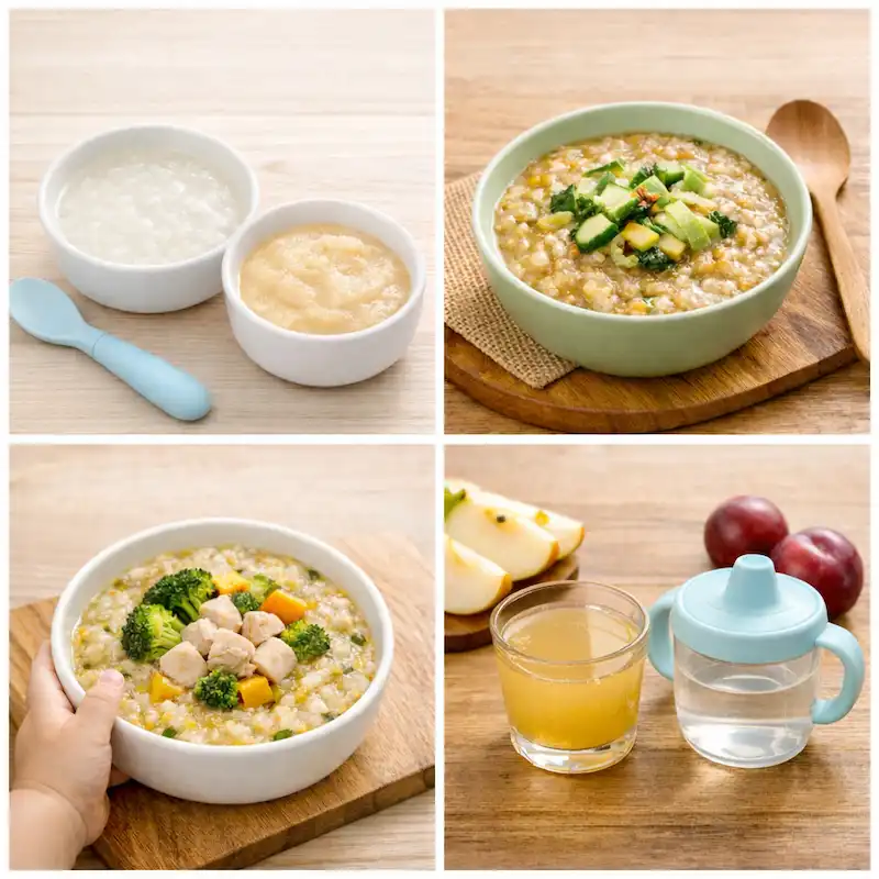 찹쌀미음과 사과퓨레, 애호박 배추 된장죽, 브로콜리 단호박 닭가슴살 야채죽, 배즙과 자두퓨레로 구성된 아기 이유식 식단 예시
