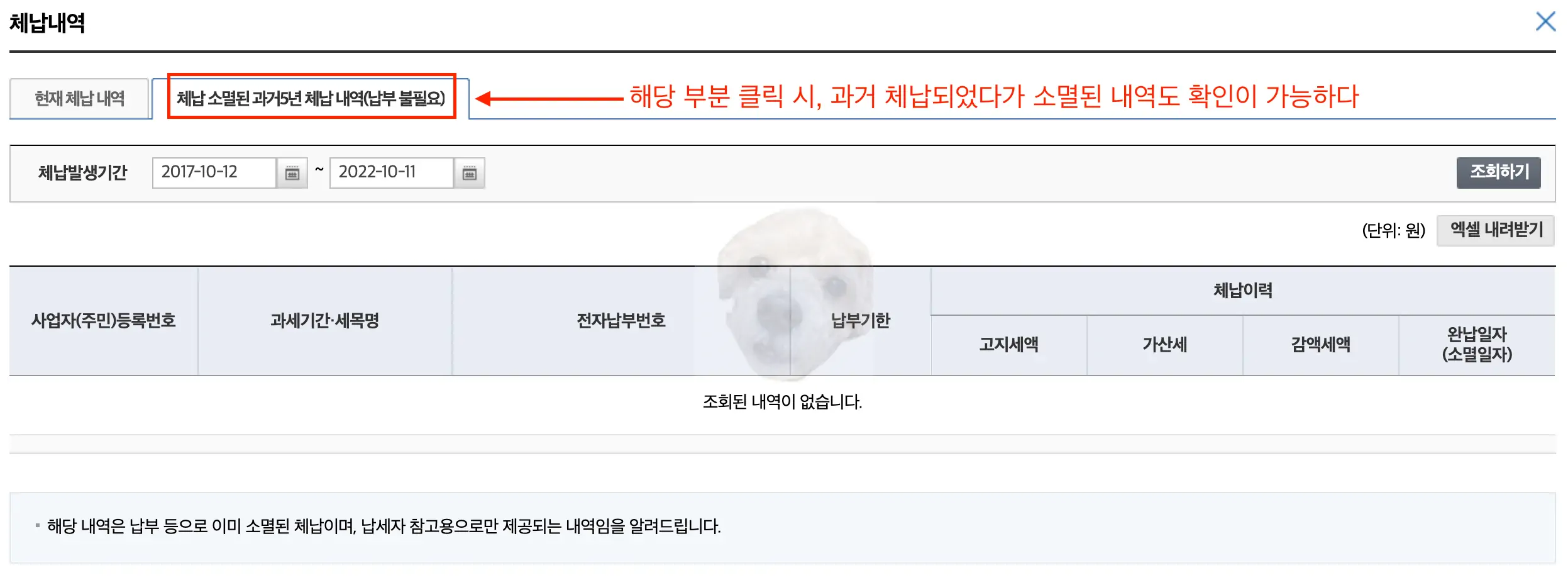 과거 체납내역 확인 사진
