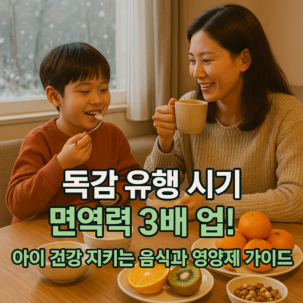 겨울 거실에서 따뜻한 차와 과일을 나누는 엄마와 아들