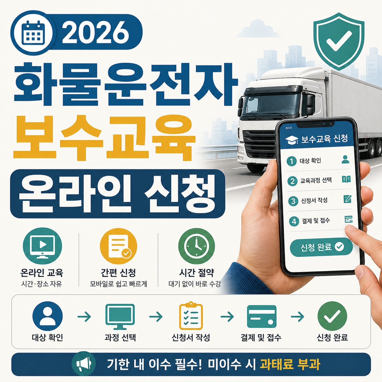 화물차 운전자가 스마트폰으로 온라인 보수교육을 신청하는 모습