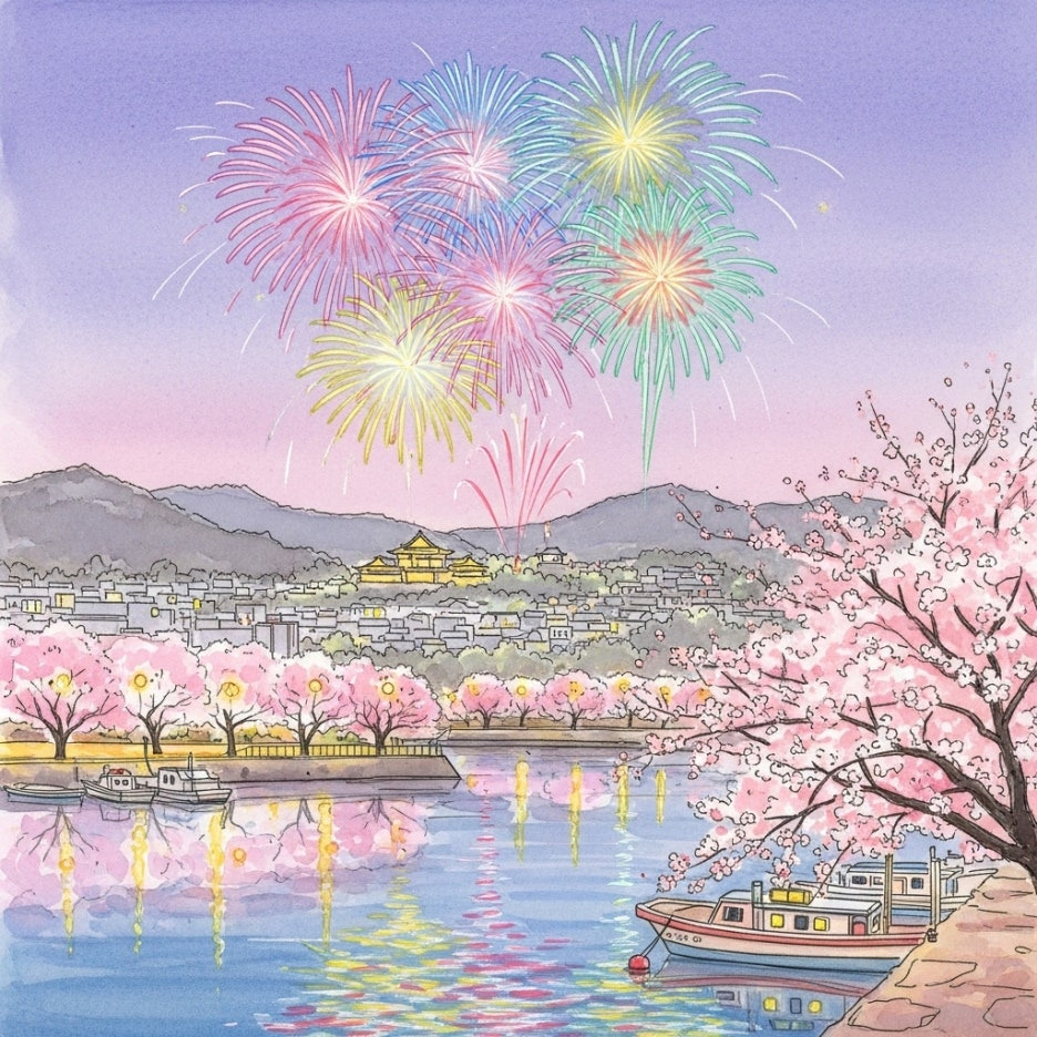 화려한 불꽃놀이와 벚꽃이 어우러진 밤 풍경
