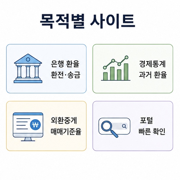 은행 환율, 경제통계 사이트, 외환중개 사이트, 포털 금융 서비스의 환율 조회 용도를 비교한 그림