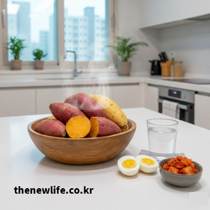 밥솥 고구마 삶는(찌는) 법의 결과를 보여주는 모습.