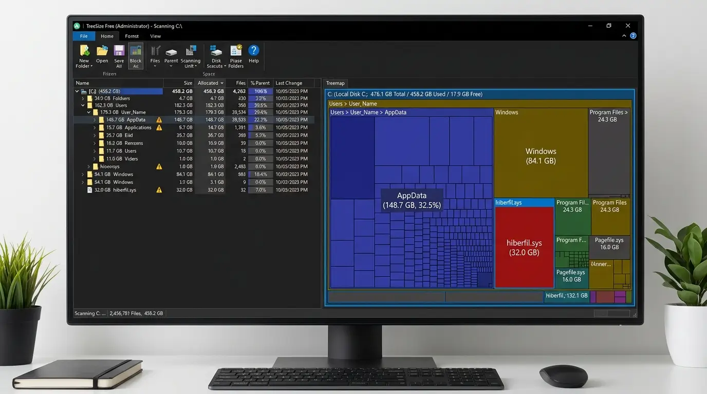 TreeSize Free 프로그램으로 C드라이브를 스캔하여 AppData 폴더와 hiberfil.sys 파일이 용량을 비정상적으로 차지하고 있는 블록 다이어그램 화면