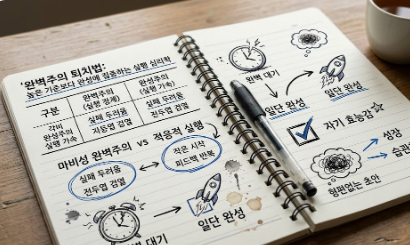 완벽주의 퇴치법과 완성 중심의 사고방식(Done is better than perfect)이 도표와 낙서로 정리된 집중 노트와 아날로그 시계 사진