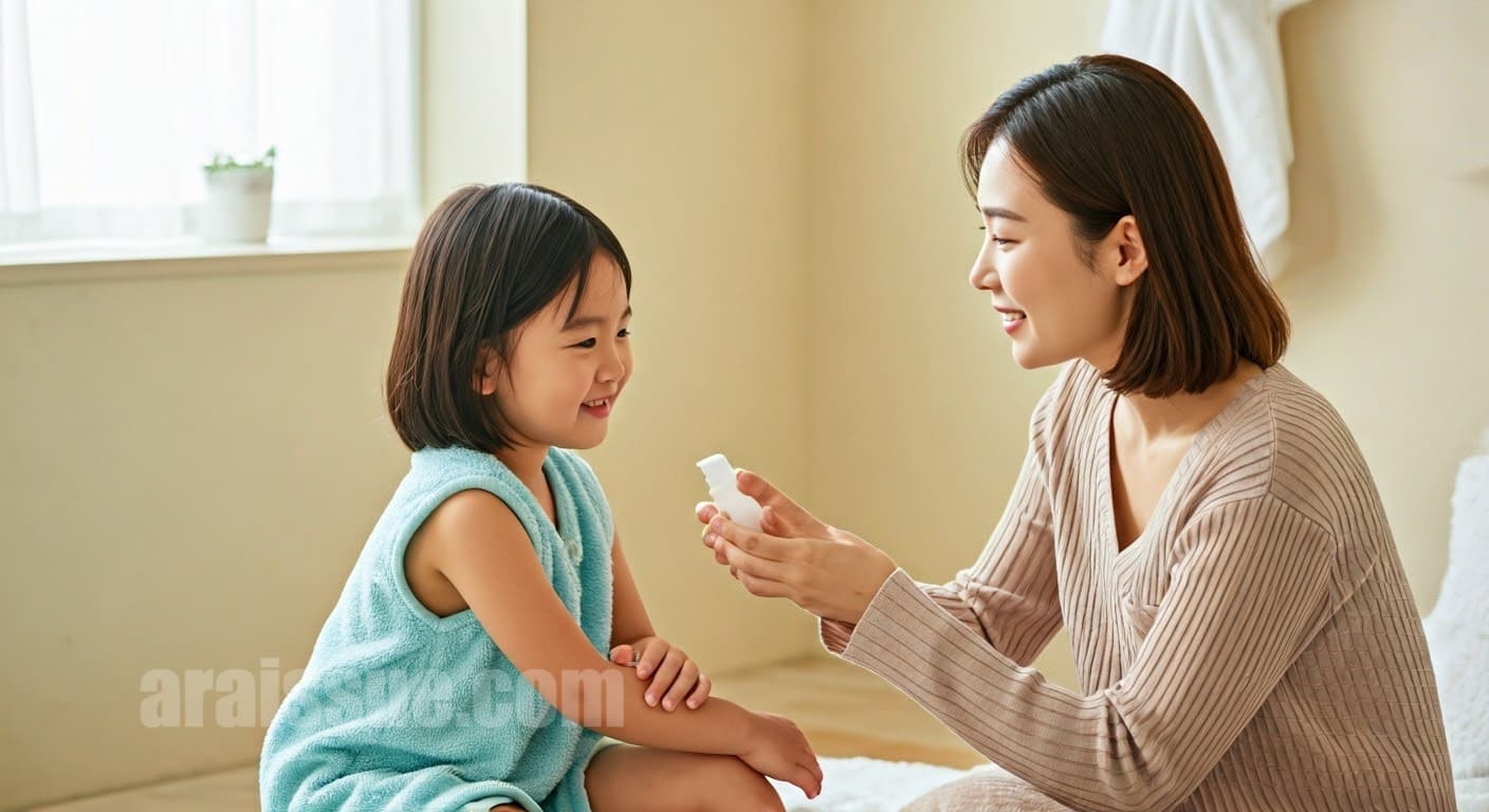 엄마가 샤워 후 아이의 팔에 보습제를 바르고 있으며, 부드러운 조명 아래 서로 웃고 있는 따뜻한 가족의 모습입니다.