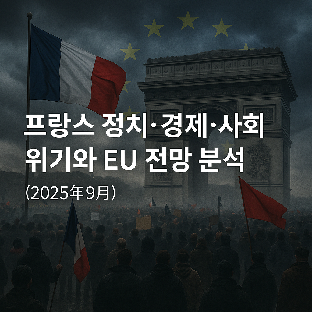프랑스 파리 개선문 앞에서 펼쳐진 대규모 시위 장면과 함께 프랑스 국기와 EU 깃발이 겹쳐 보이며, 프랑스의 정치·경제·사회 위기와 EU 전망을 상징적으로 표현한 이미지