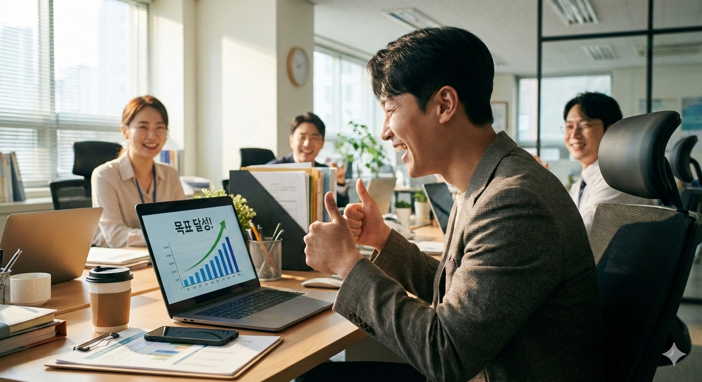 밝게 웃으며 엄지를 치켜세운 직장인이 노트북을 보는 모습