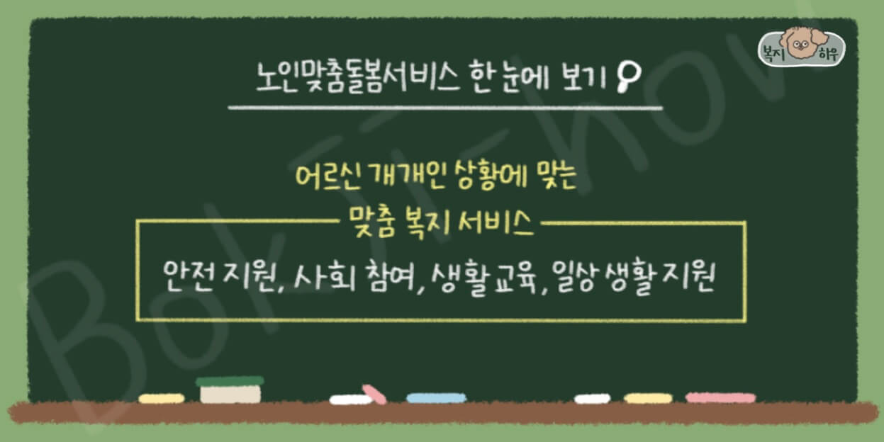노인맞춤돌봄서비스는 어르신의 개인 상황에 맞춤으로 돌봄을 제공하는 복지 서비스이다.