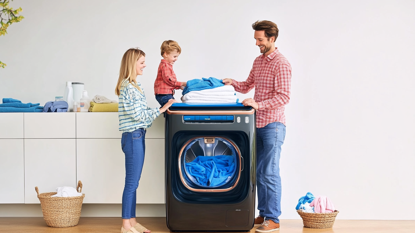 대용량 세탁물을 손쉽게 처리하는 가족이 삼성 콤보 세탁기를 사용하는 모습, 세탁기의 대형 드럼을 보여주는 이미지.