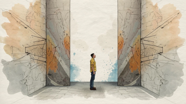 자유로운 발상을 실현하고 싶어도 현실의 제약이 벽처럼 다가옵니다에 관한 그림