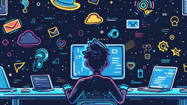 듀얼 모니터 앞에서 코딩 작업을 하는 프로그래머의 뒷모습, 주변에 클라우드, 이메일, 하트, 별 등 다양한 프로그래밍 아이콘들이 네온 스타일로 떠다니는 개발자 작업 환경 일러스트 via freepik