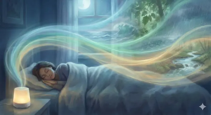 달빛이 비추는 침실에서 깊이 잠든 사람의 침대 옆 장치에서 파도, 숲, 빗소리, 시냇물 등 자연의 소리를 상징하는 부드러운 파란색, 초록색, 노란색의 음파가 소용돌이치며 퍼져나가는 모습을 담은 평온하고 몽환적인 일러스트레이션입니다.