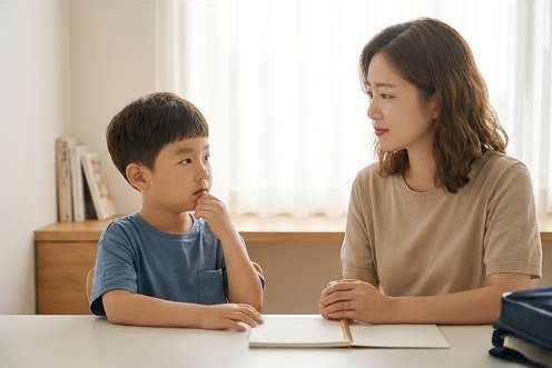 책상에서 생각에 잠긴 아들과 기다려주는 엄마