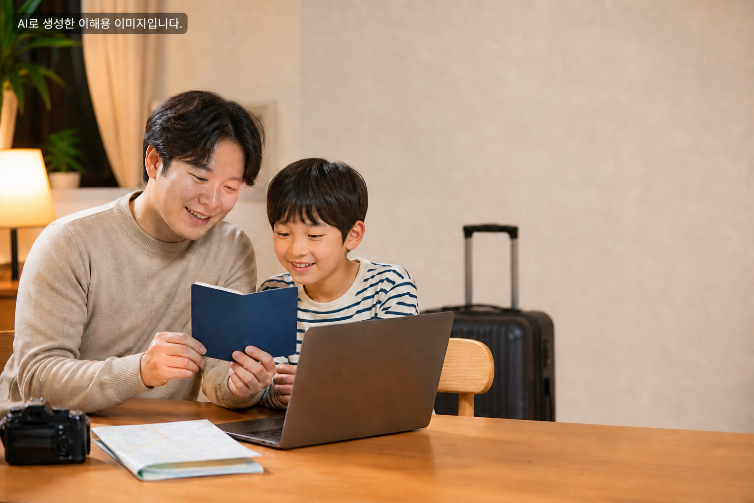 부모와 자녀가 집에서 여행 서류를 준비하는 모습