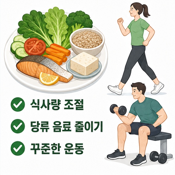 채소와 통곡물, 단백질 식품을 포함한 식사와 규칙적인 유산소 운동, 근력운동을 함께 실천하는 모습을 보여주는 그림